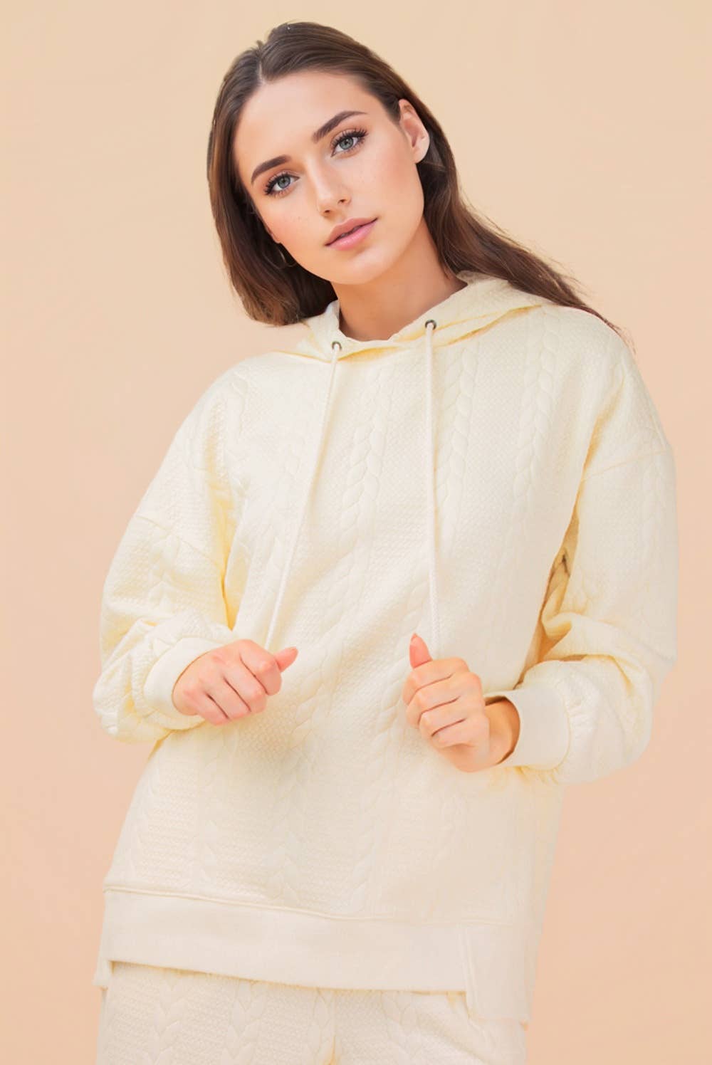 NT12340-Oversized Cable Knit Textured Knit Hoodie Top