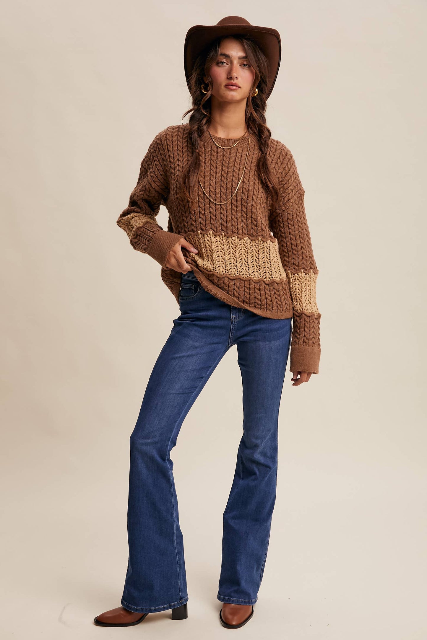 Colorblock Cable Knit Sweater