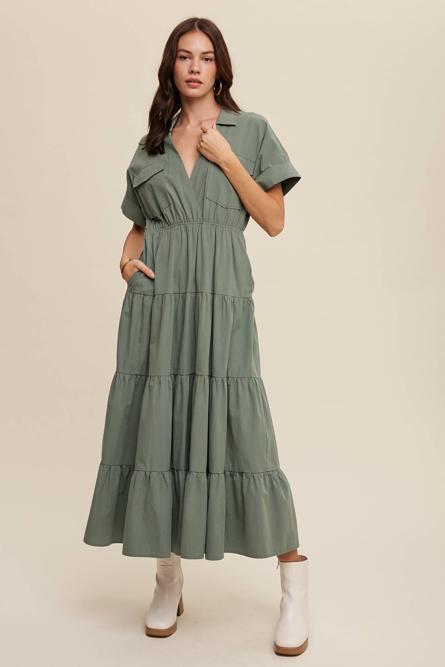 Utility Tiered Shirt Maxi Dress