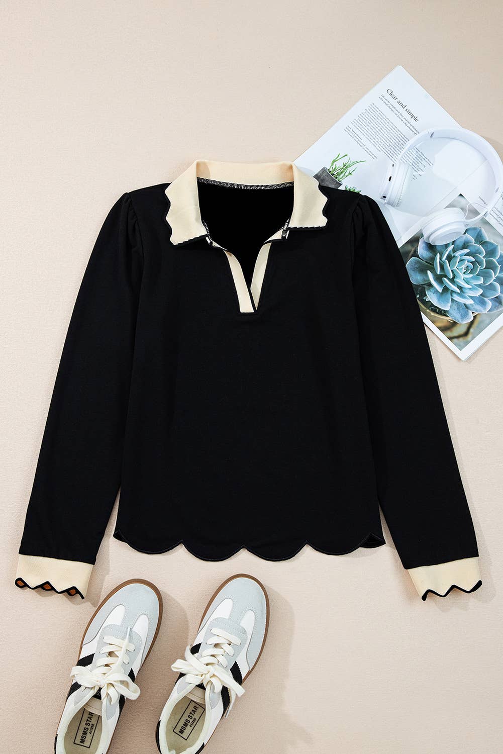 Scallop Trim Color Block Collared Top