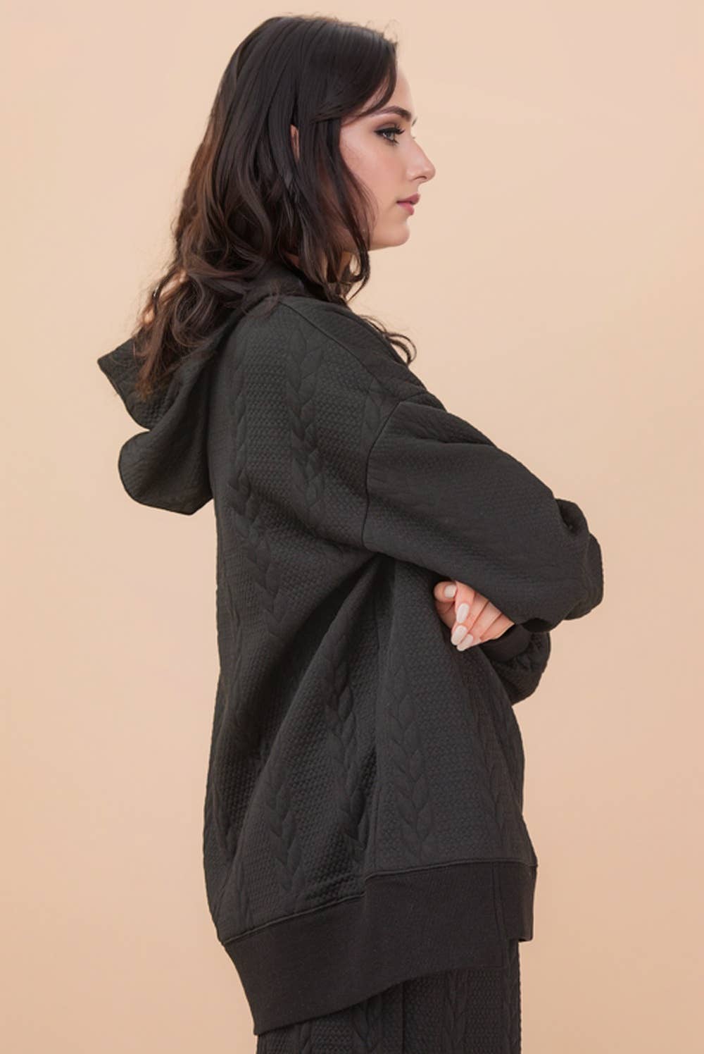 NT12340-Oversized Cable Knit Textured Knit Hoodie Top