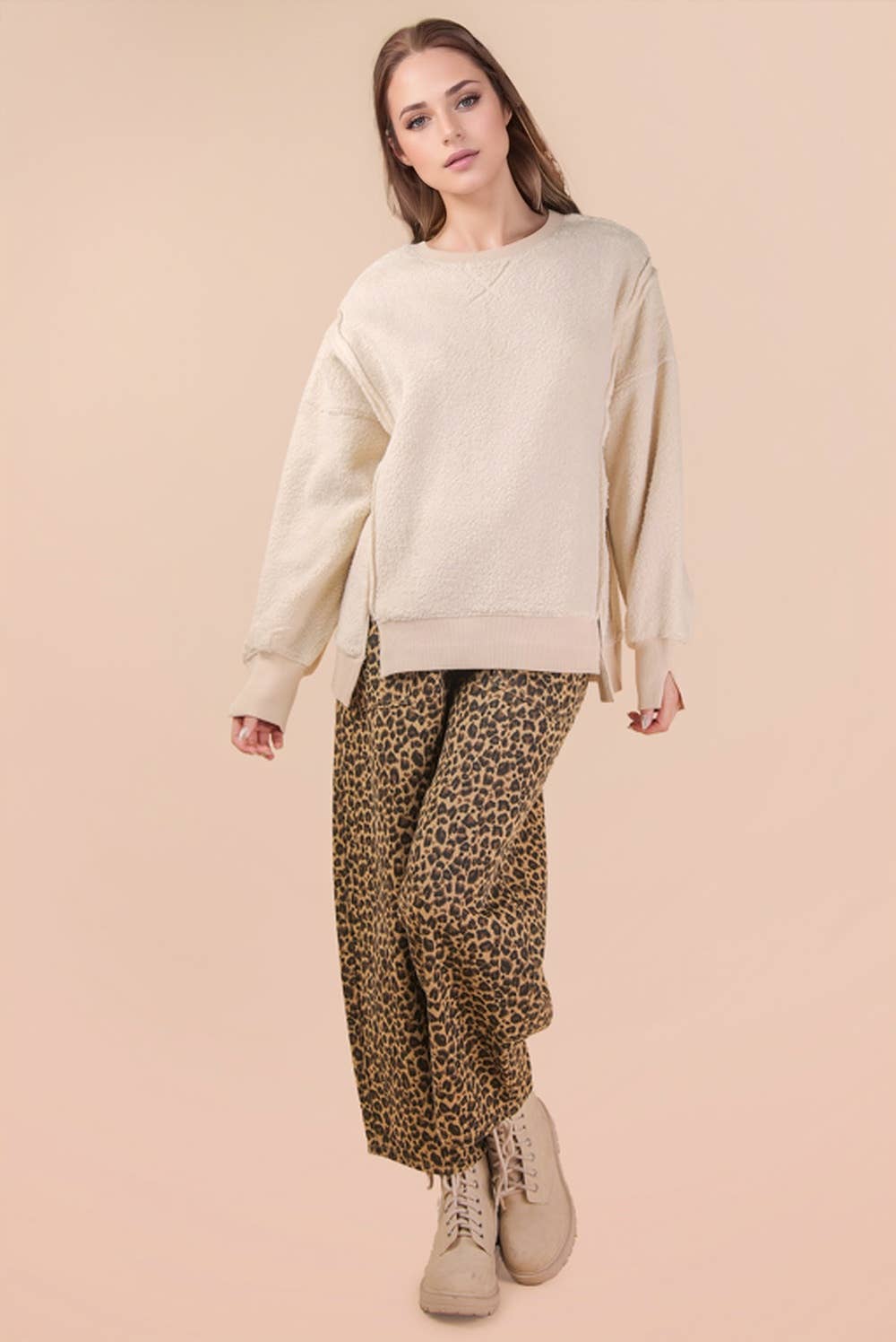NT12367-Oversized Casual Solid Fleece Top