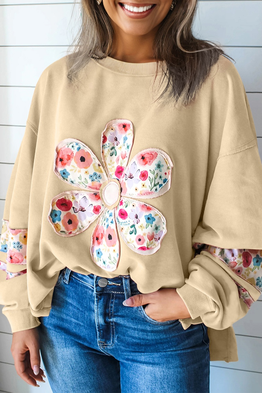 Floral Applique Patchwork Drop Sleeve Sweatshirt