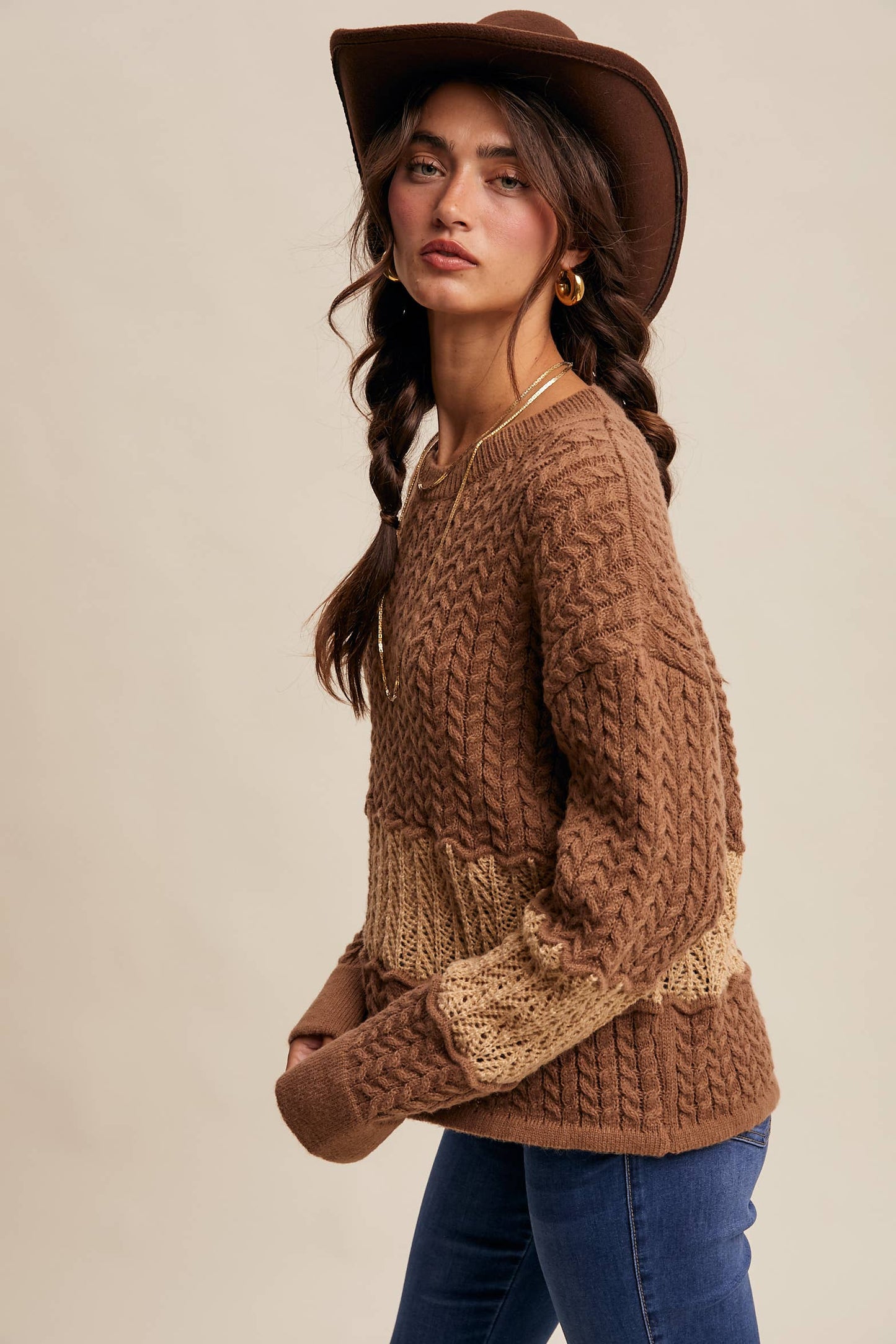 Colorblock Cable Knit Sweater