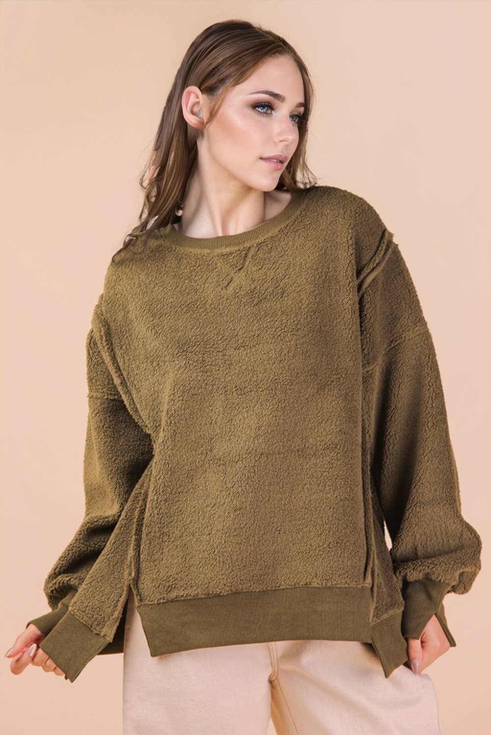 NT12367-Oversized Casual Solid Fleece Top