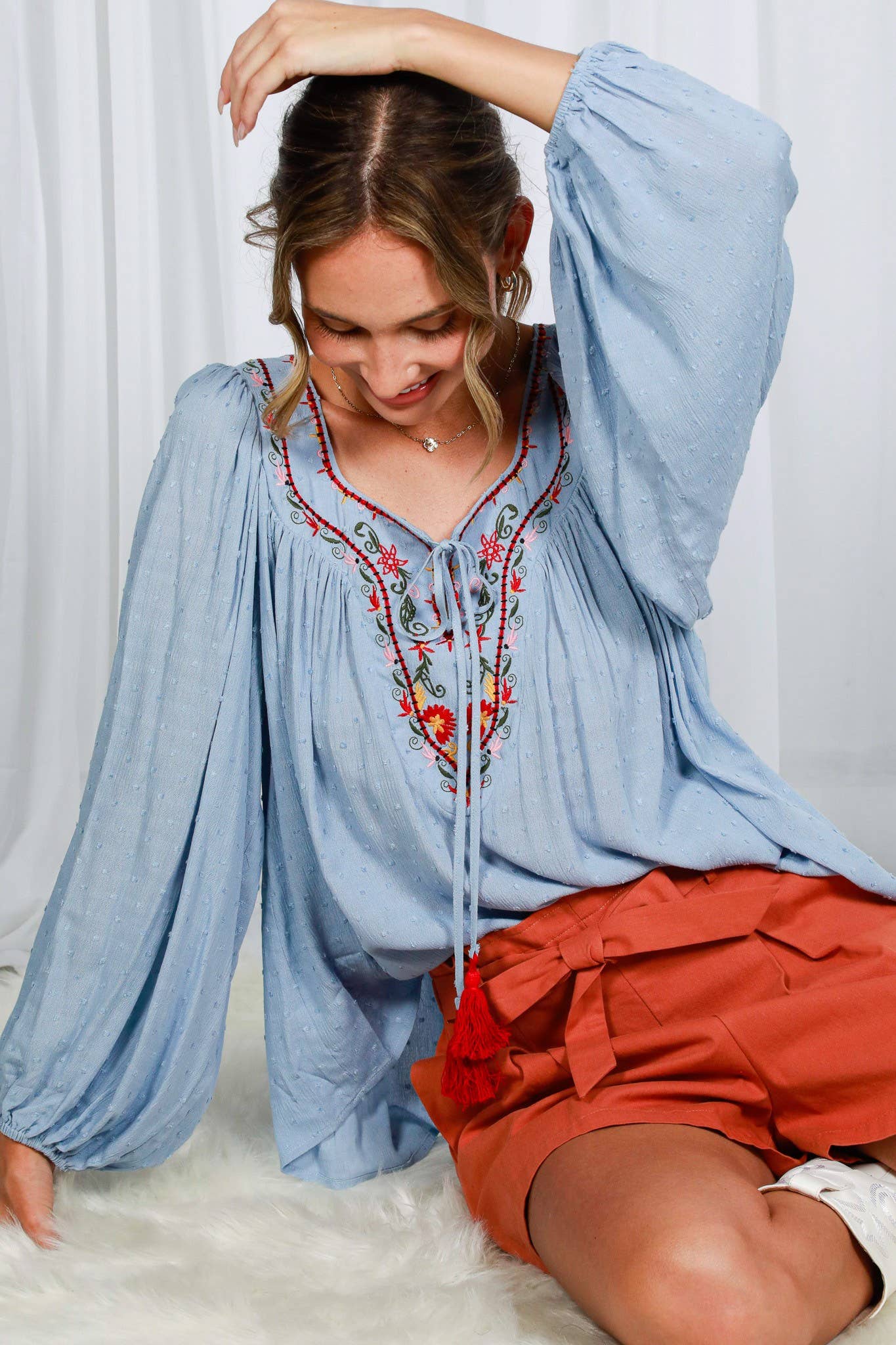 Square Tie Neck With Tassel Embroidered Bohemian Top VT82510