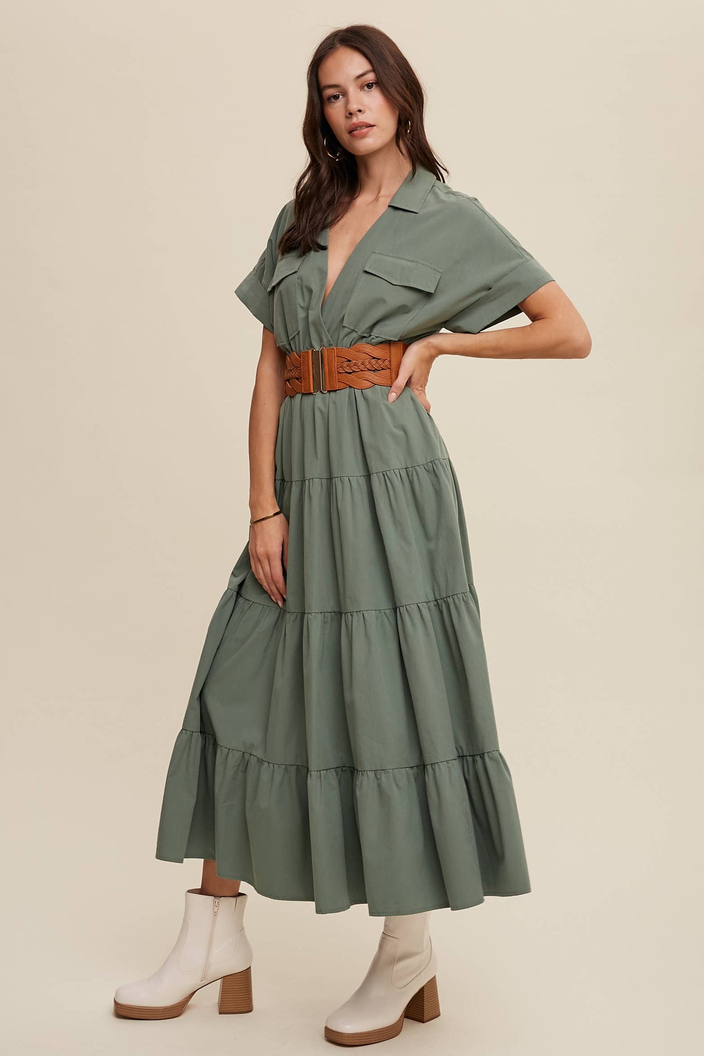 Utility Tiered Shirt Maxi Dress