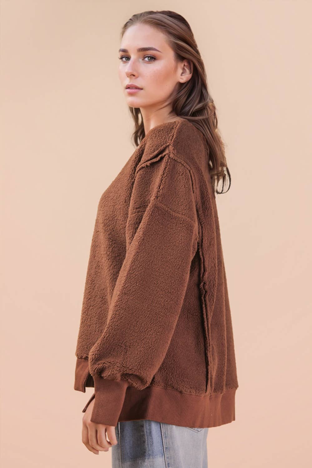 NT12367-Oversized Casual Solid Fleece Top