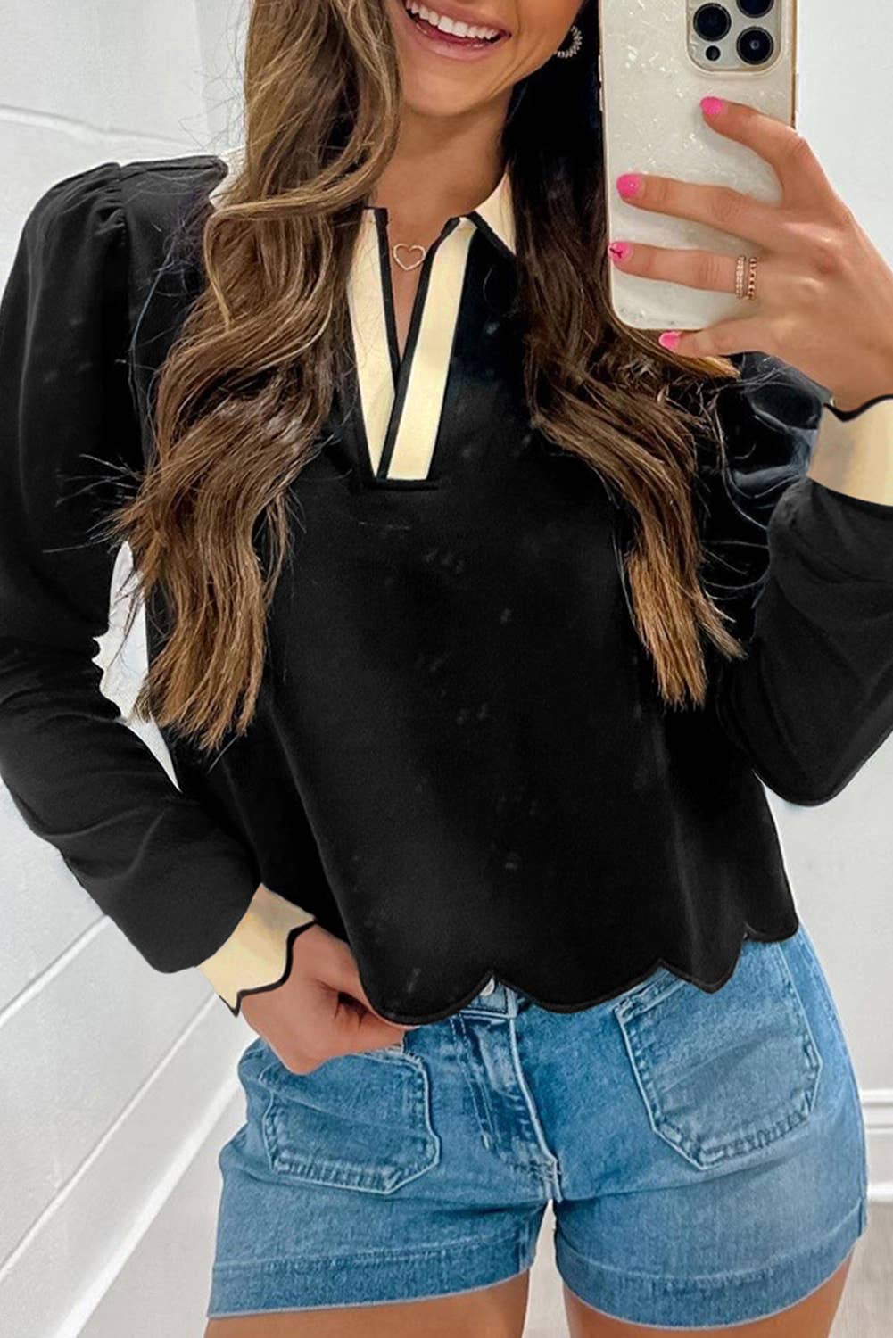 Scallop Trim Color Block Collared Top