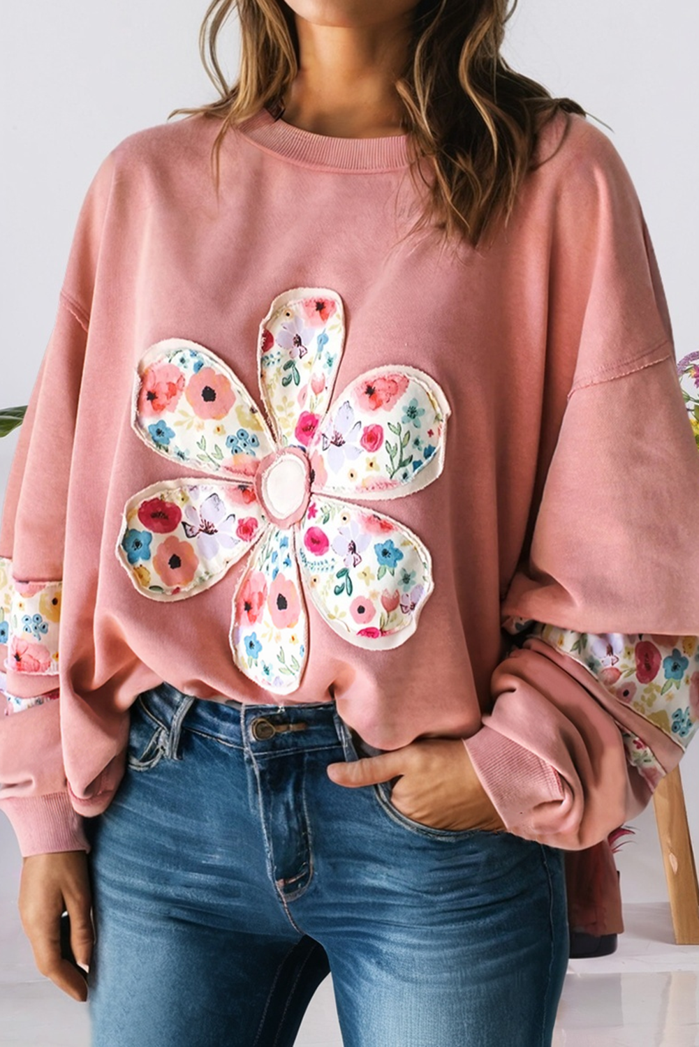 Floral Applique Patchwork Drop Sleeve Sweatshirt